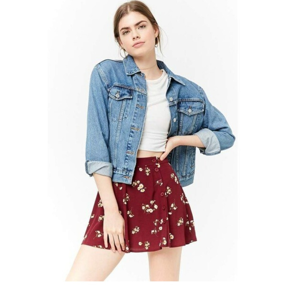 Forever 21 Boho Maroon Floral Button Up Asymmetry Burgundy Mini Skirt Size M